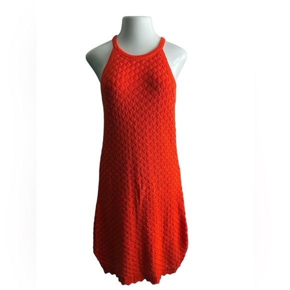 Eliza J Vibrant Orange Halter Midi Sheath Crochet Dress L - Picture 2 of 15